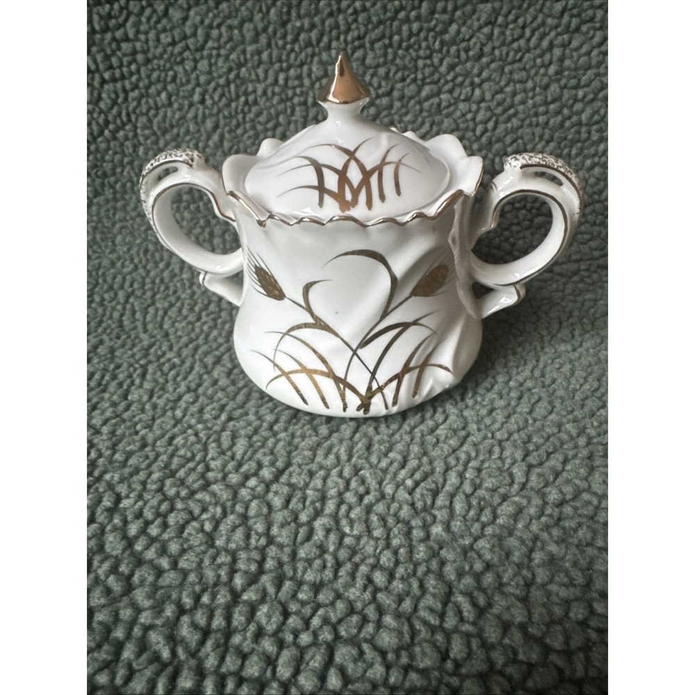Vintage Lefton China Gold Wheat Sugar‎ Bowl with Lid NE20595 Hand Painted 22k